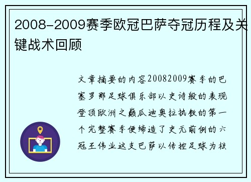 2008-2009赛季欧冠巴萨夺冠历程及关键战术回顾