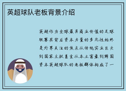 英超球队老板背景介绍